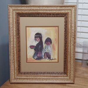 De Grazia Artwork with Children "Hoping"  Wood Framed 19x16 Vintage 1983
